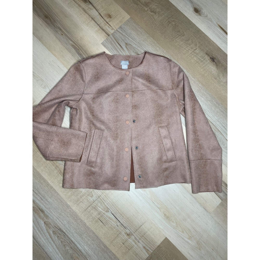 Chicos Faux Suede Snakeskin Embossed Snap Front Jacket Blush Tan Size 0 S 4/6 - Picture 4 of 10